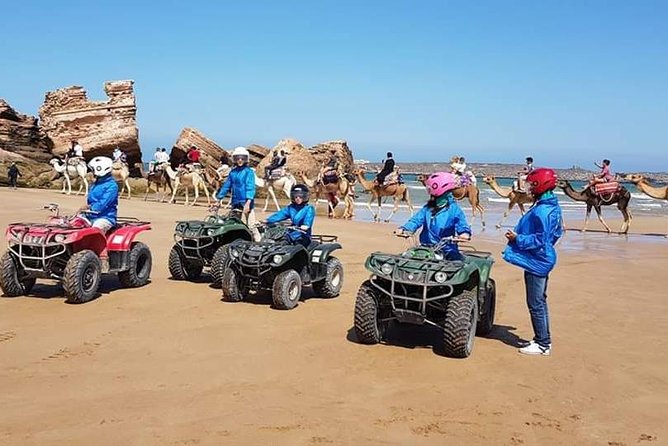 Excursion: 1H/Quad+1H/Camels (free transfer) - Stop 2: Camel ride at Plage Tagharte (calmer, more scenic pacing)