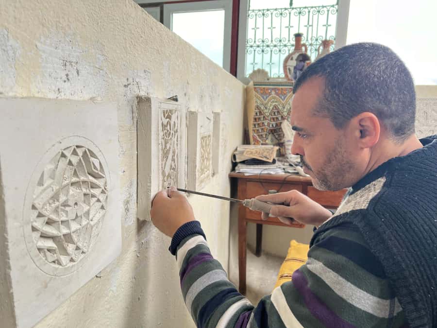 Moroccan Plaster Sculpture Workshop - Meet Master Mohamed on the terrace at Dar Sunrise