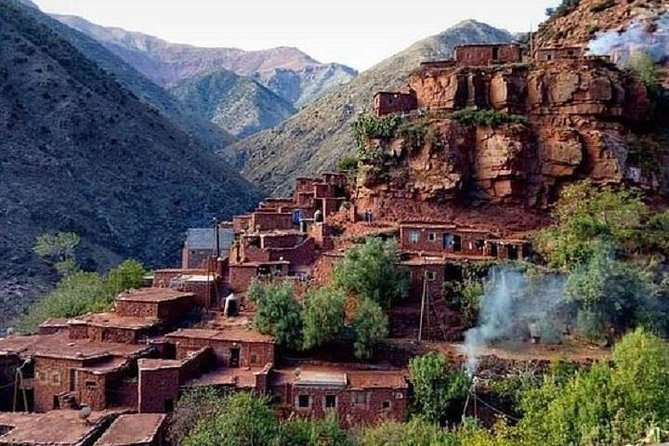Ourika Valleys, River and Falls (Atlas Mountains Valleys) - Entering Ourika Valley: tea, red hills, and the Sitti-Fatma river